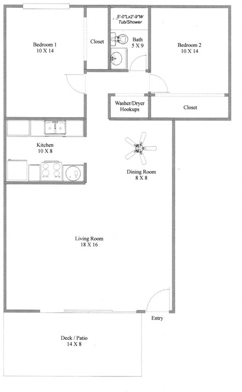 Floor plan for 2 beds, 1 bath, 947 sqft